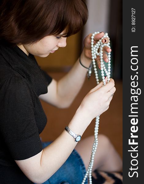 Beautiful girl with wite beads. Beautiful girl with wite beads