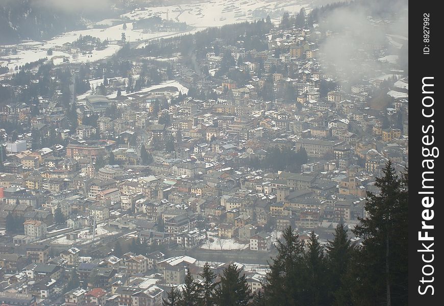 This is view on village Bormio in mountains