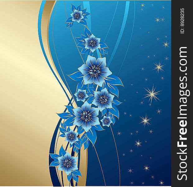 Abstract blue flowers on gold and blue background with stars, vector, illustration. Abstract blue flowers on gold and blue background with stars, vector, illustration