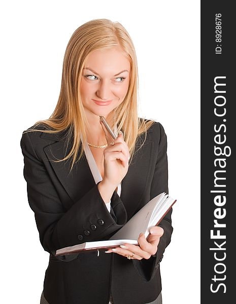 Portrait ofdoubting  blonde businesswoman with notebook isolated over white with clipping path