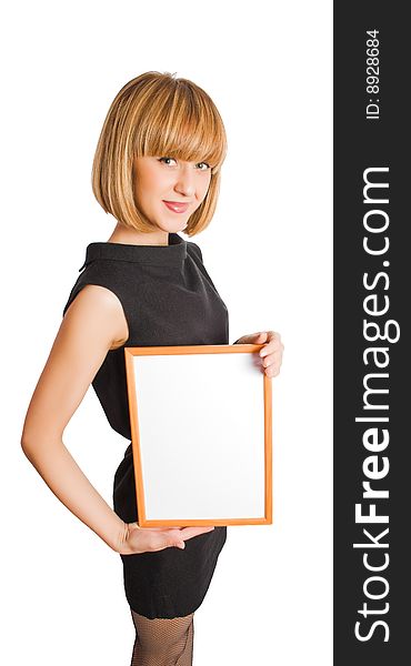 Young female show blank frame isolated over white with clipping path