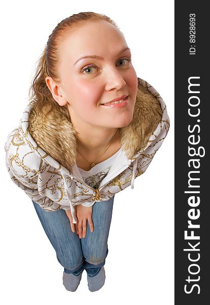 Modest female looking up isolated over white with clipping path