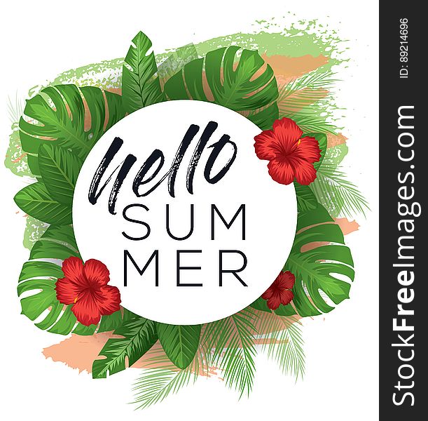 Hello summer vector poster over painted background with tropical leaves and flowers