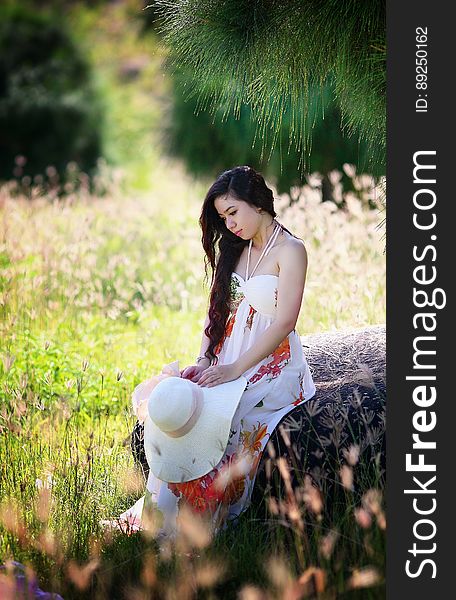 Portrait of young Asian woman in sundress sitting in field holding hat on sunny day. Portrait of young Asian woman in sundress sitting in field holding hat on sunny day.