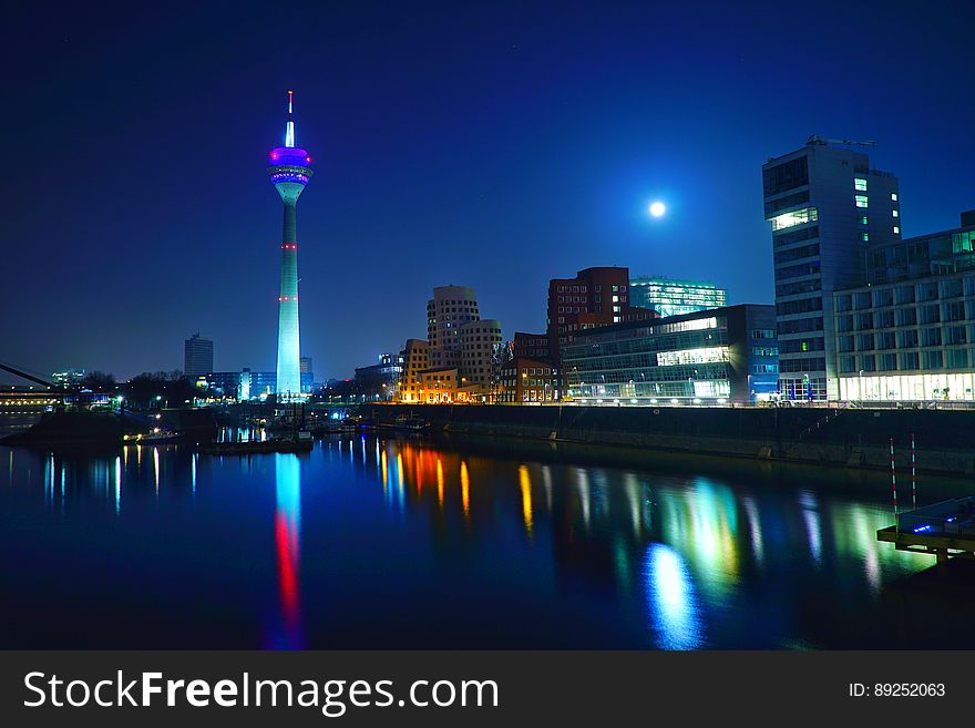 The Rheinturm tower and DÃ¼sseldorf, Germany at night. The Rheinturm tower and DÃ¼sseldorf, Germany at night.