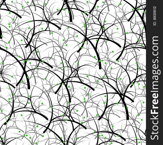 Seamlessly vector wallpaper with art black trees and green berries. Seamlessly vector wallpaper with art black trees and green berries