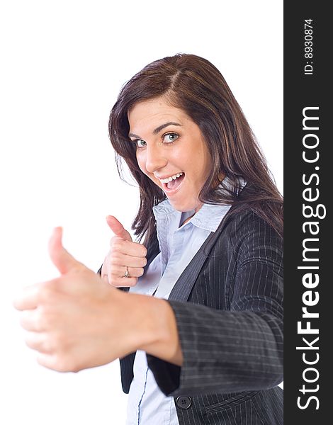 Business woman thumbs up isolated on white. Business woman thumbs up isolated on white