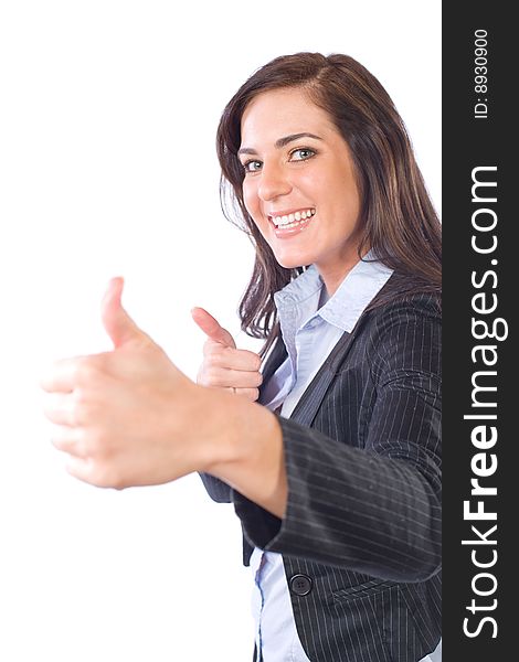 Business woman thumbs up isolated on white. Business woman thumbs up isolated on white