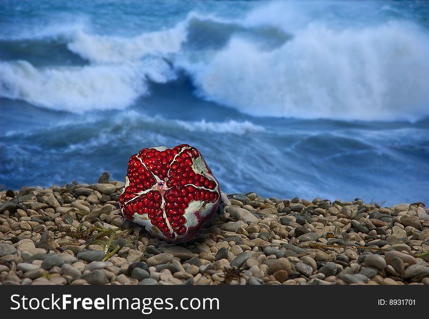 Pomegranate on the beach resembling a starfish