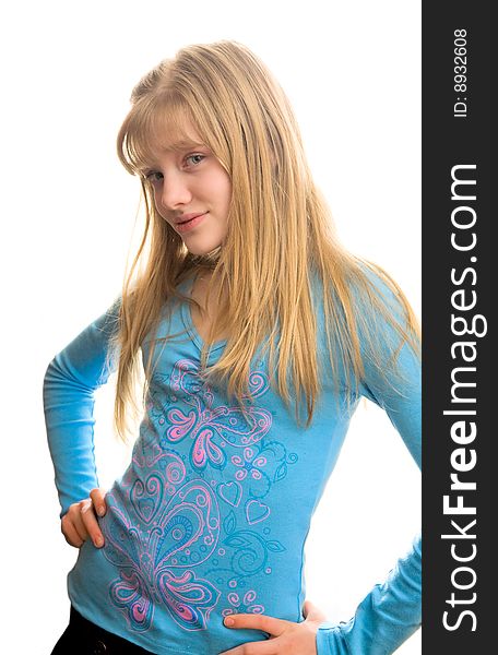 Posing of young blonde girl in blue dress. Posing of young blonde girl in blue dress