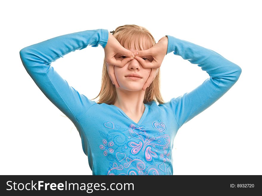 Young blonde girl with hands near face as batman. Young blonde girl with hands near face as batman