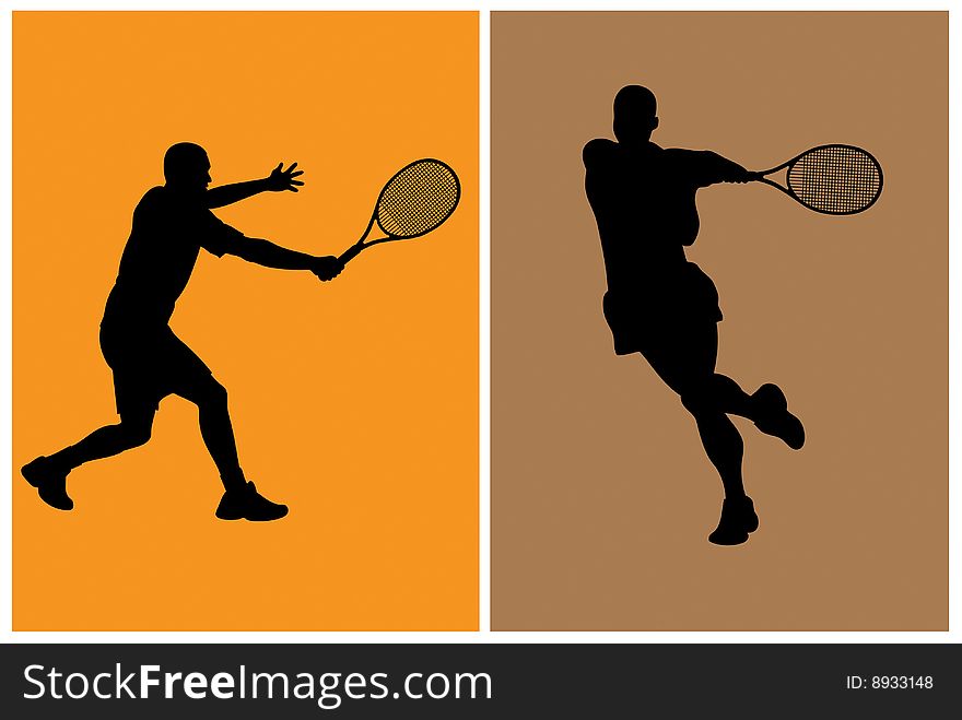 Tennis player silhouettes with rackets on white background