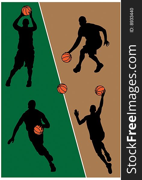 Black basketball players silhouette with color ball