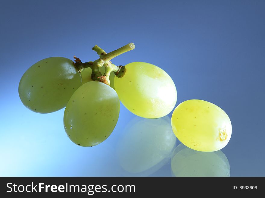 Small bunch of grapes with reverberation on blue background