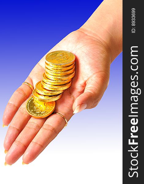 Coins isolated on female hand. Coins isolated on female hand.