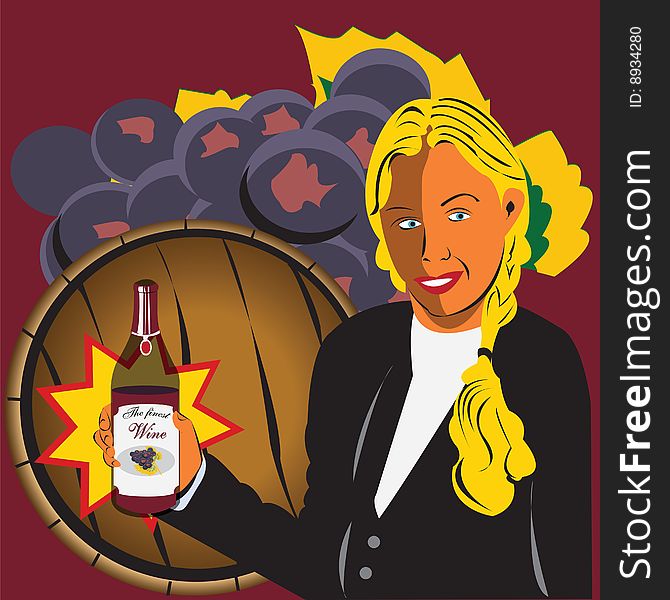 Vector illustration of a girl holding bottle of wine and with a barrel and grapes in background