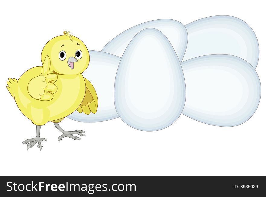 Chicken and eggs. An illustration on a white background. Chicken and eggs. An illustration on a white background