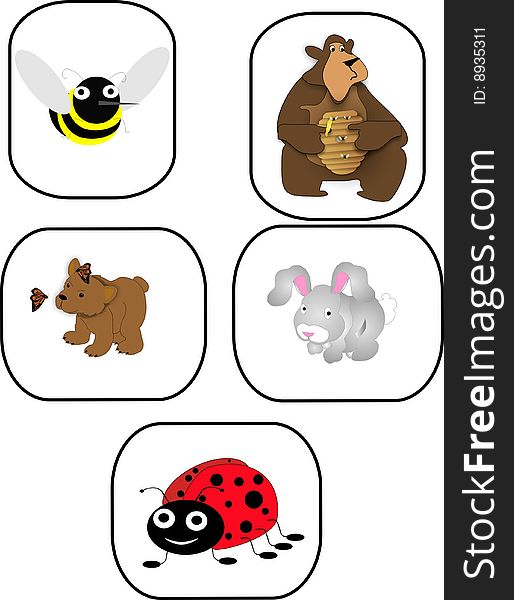 Bee, bears, rabbit and ladybug cartoon characters