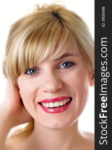 Close-up portrait of caucasian young woman with beautiful blue eyes. Close-up portrait of caucasian young woman with beautiful blue eyes