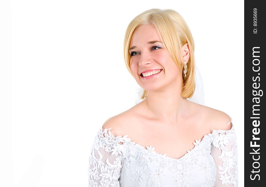 Beauty young bride in white dress isolated