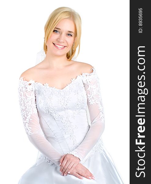 Beauty young bride in white dress isolated