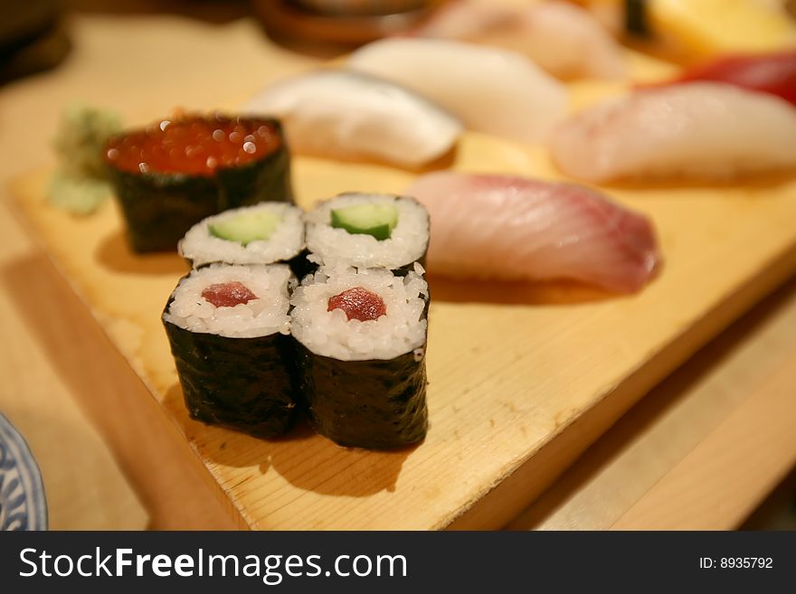 Sushi rolls in japanese restaurant