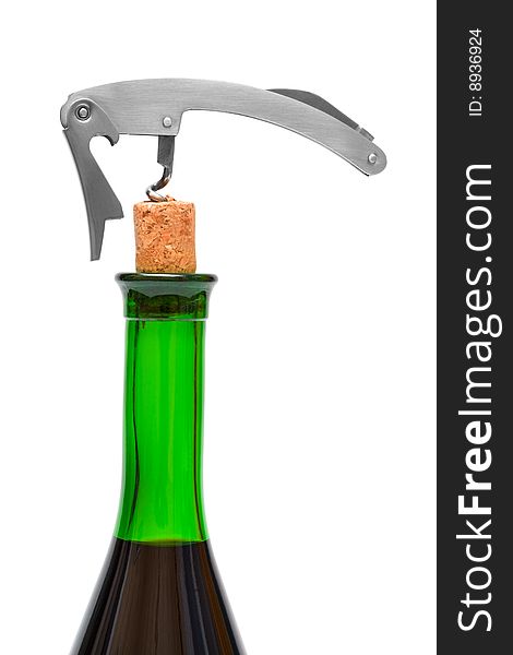 Corkscrew, cork and bottle on a white background