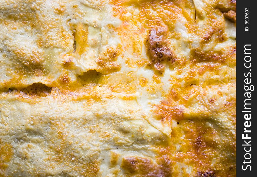 Close-up of lasagna dish straight out of the oven