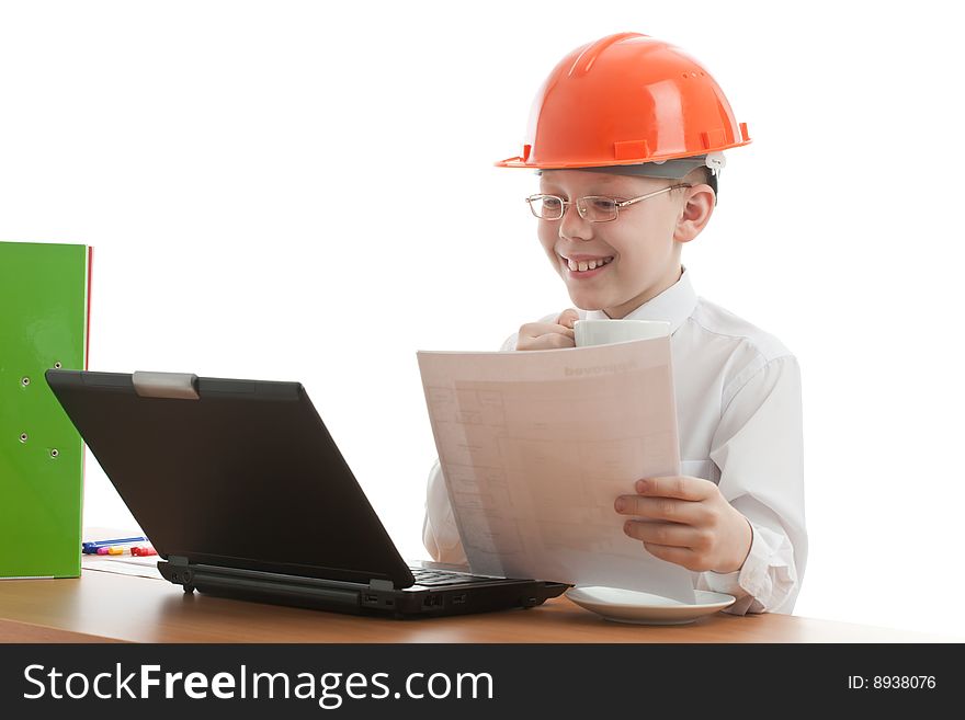 Teenager in helmet look like foreman verify home plan and drink coffee. Isolated on white. Teenager in helmet look like foreman verify home plan and drink coffee. Isolated on white