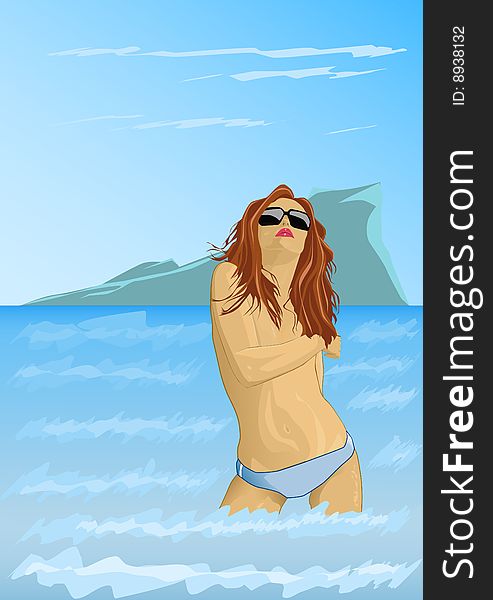 Illustration of a girl with black glasses in the sea. Illustration of a girl with black glasses in the sea