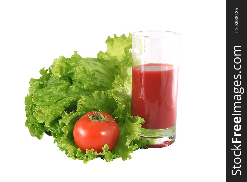 Sheet salad, tomato and juice on a white background. Sheet salad, tomato and juice on a white background.