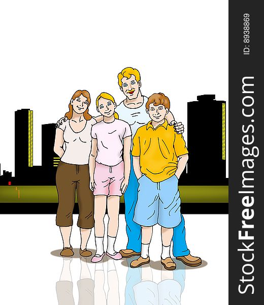 Portrait of Caucasian family of four posing on city scape looking at viewer smiling.