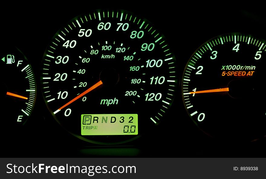 Car gauges with green backlight.