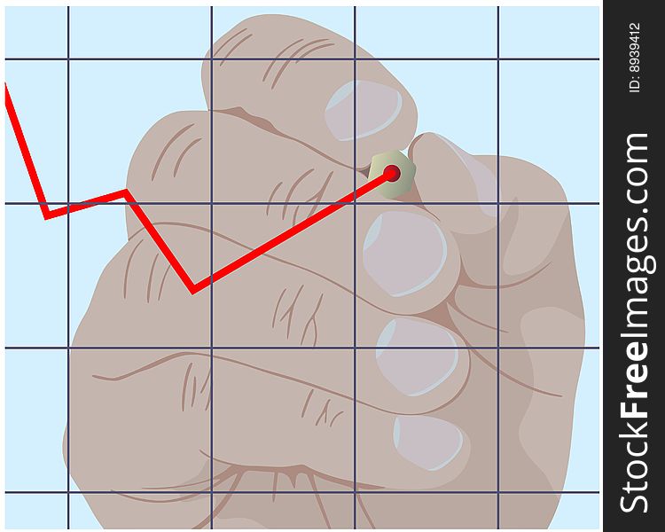 The vector image of a hand with a pencil, drawing the diagram on glass. The vector image of a hand with a pencil, drawing the diagram on glass.