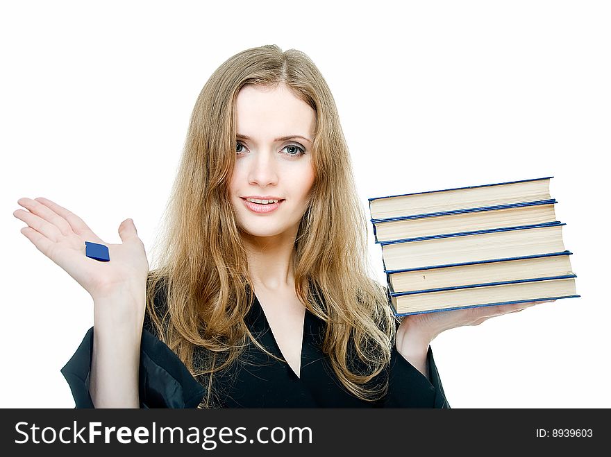 Smiling young woman with books and digital memory card. Smiling young woman with books and digital memory card