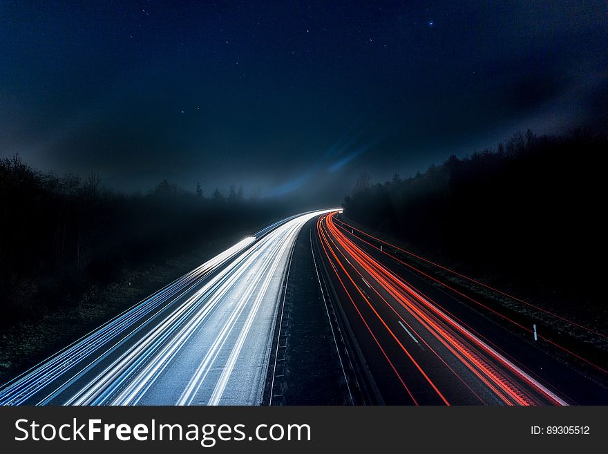 Light Trails On Highway At Night