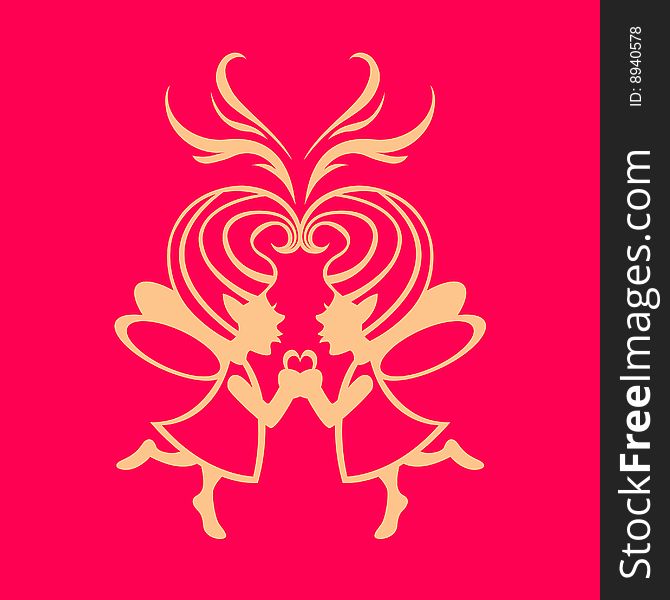 Vector  Illustration Silhouette of two simmetric fairies with magic heart on the middle.