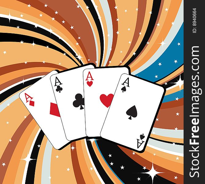 Vector illustration of gambling cards set on the beautifull background, decorated with stars and waves.