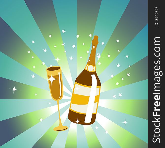 Vector illustration of wine bottle and glass on the green background, decorated with beautiful stars.