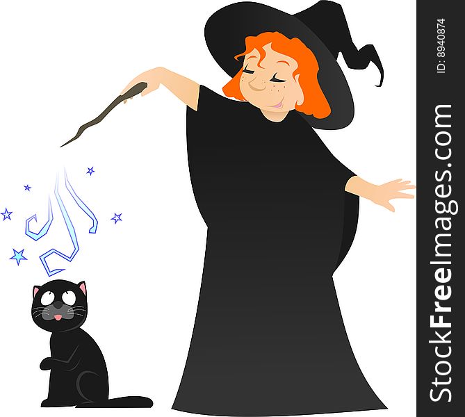 Little redhead girl wizard and her black cat. Little redhead girl wizard and her black cat