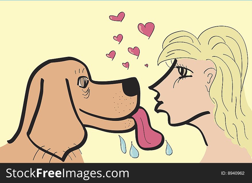 Hand drawn vector illustration, dog and girl kissing