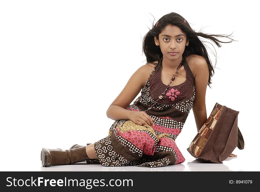 Portarit of girl sitting with jute bag. Portarit of girl sitting with jute bag