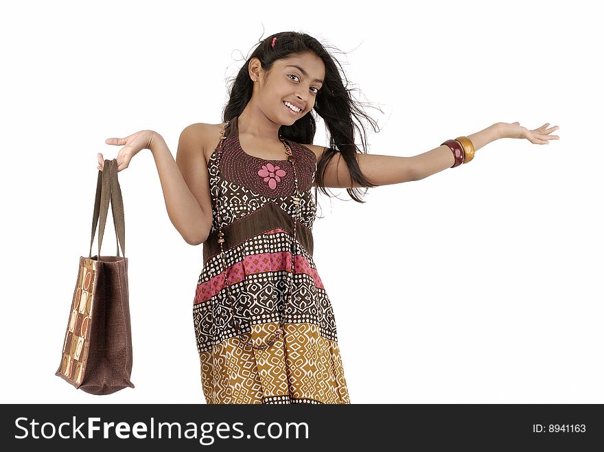 Cheerful girl holding jute bag. Cheerful girl holding jute bag