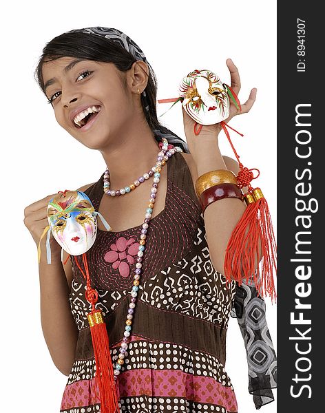 Beautiful girl holding two mask wearing necklace. Beautiful girl holding two mask wearing necklace