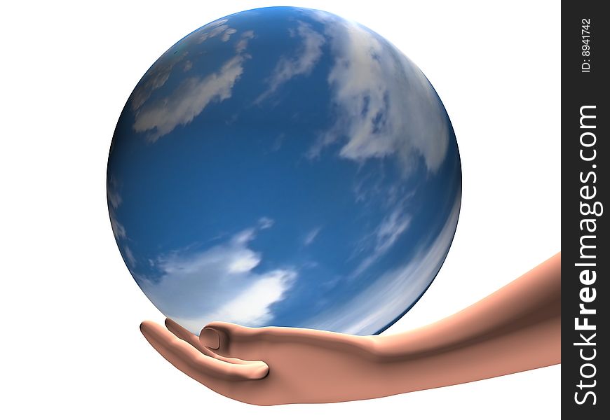 A human hand holding a sky sphere. A human hand holding a sky sphere