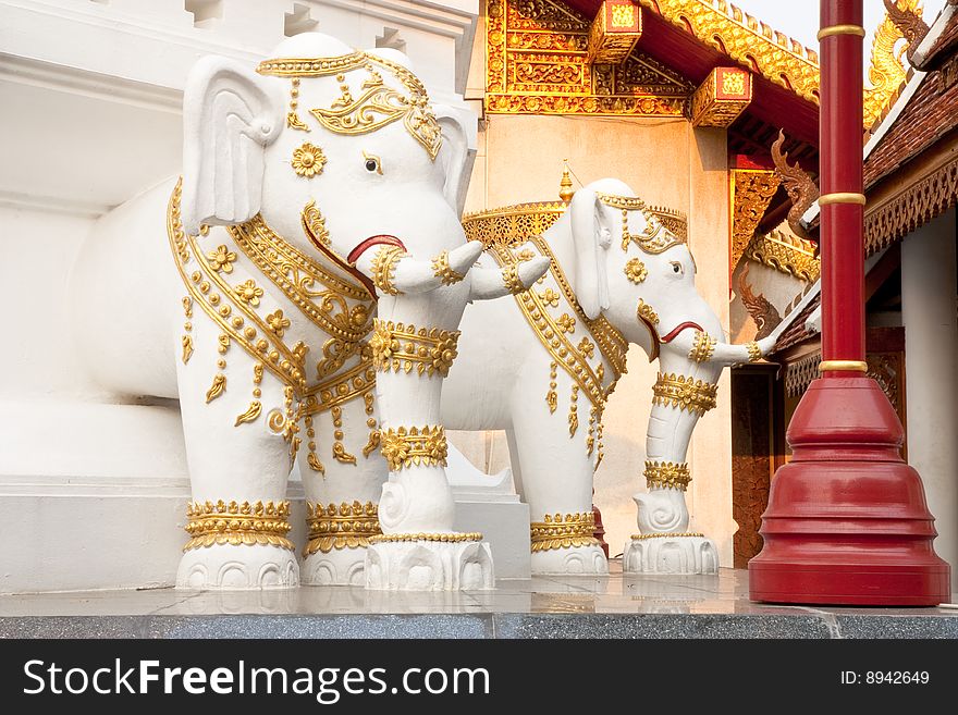 Elephants in traditional Thai style molding art, Wat Klang Wiang, Chiang Rai province, Thailand