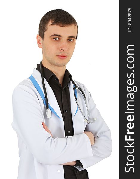 Male doctor on white background