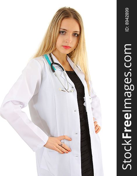 Beautiful lady doctor on white background