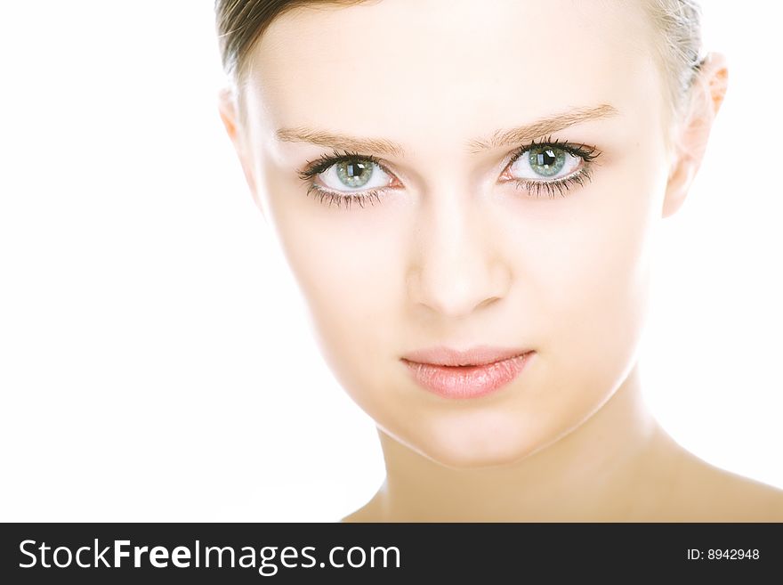 Close-up beauty girl portrait on white background