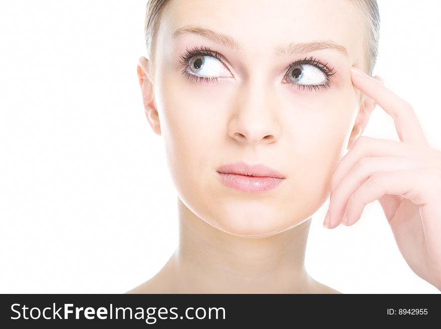 Close-up beauty girl portrait on white background